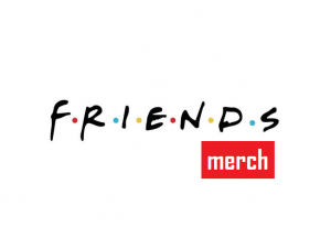 Friends tv show logo with colorful dots and red "merch" label underneath.