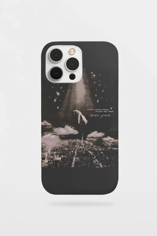 Black and white Ariana Grande merch phone case featuring a cityscape and starry sky design.