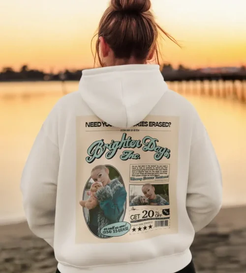 Ariana Grande merch hoodie featuring a vintage-inspired design with a photo of a child holding a stuffed animal.