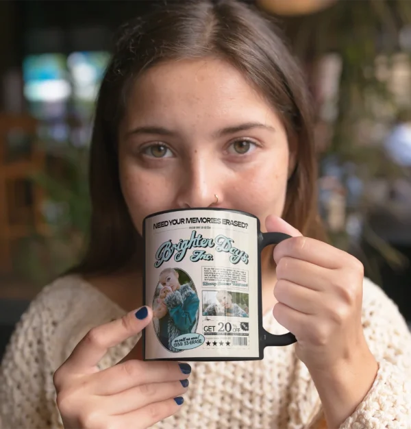 Brighter days mug with girl holding it featuring a photo and text.