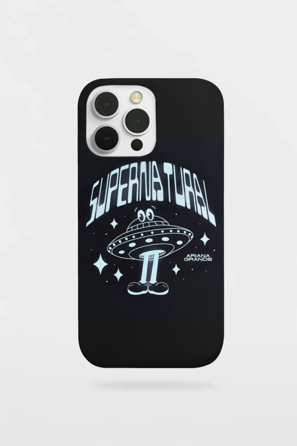 Ariana Grande merch phone case with a space-themed UFO design and "Supernatural" text.