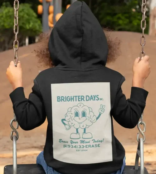 Brighter days hoodie with cartoon cloud character and inspirational message.