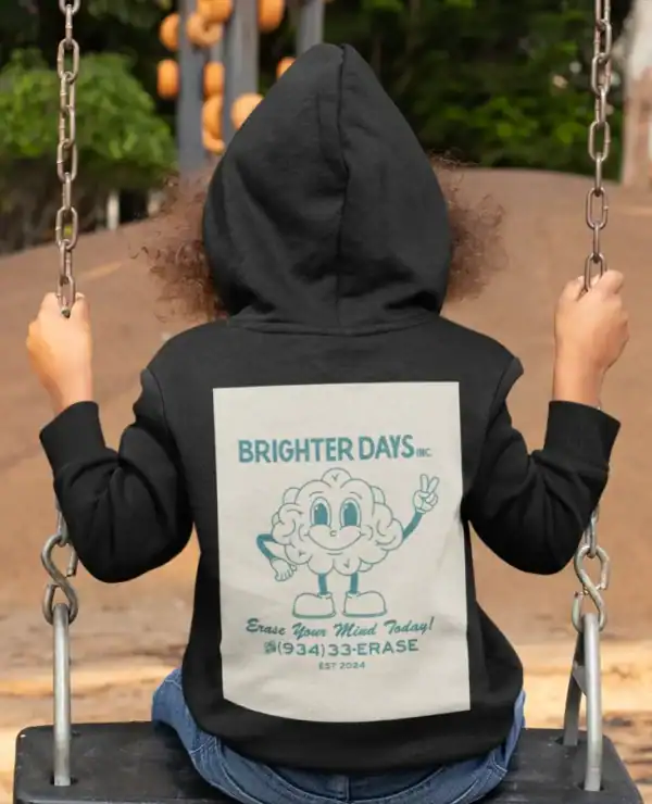 Brighter days hoodie with cartoon cloud character and inspirational message.