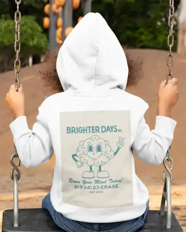 Brighter days inc hoodie with cartoon brain character and motivational message.