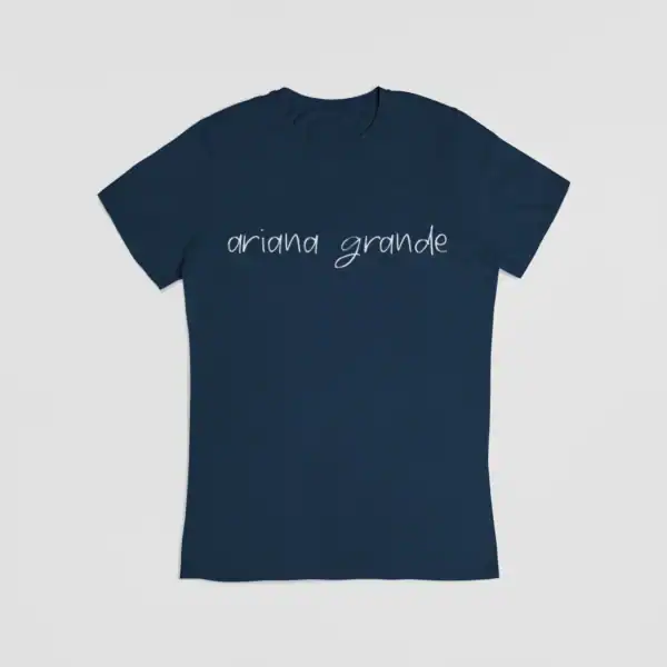 Ariana Grande merch t-shirt in navy blue with handwritten style text.