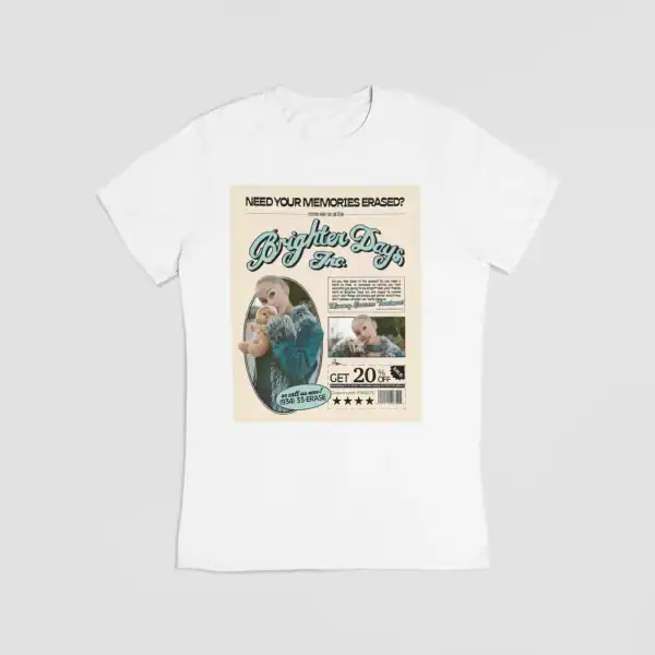 A white t-shirt with a vintage-style Ariana Grande merchandise design featuring a photo of her and promotional text.