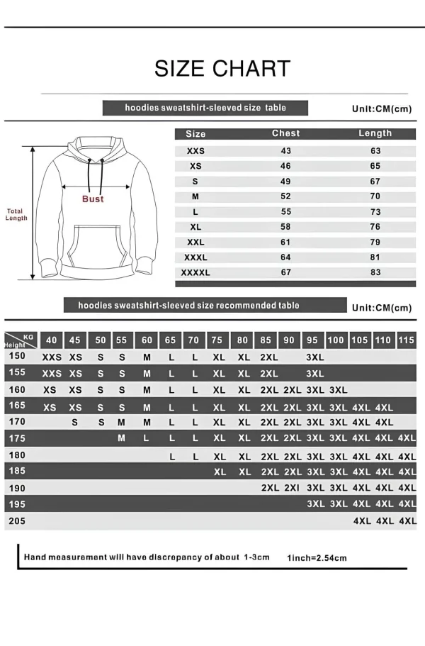 Ariana Grande merch hoodie size chart with measurements and sizing details.