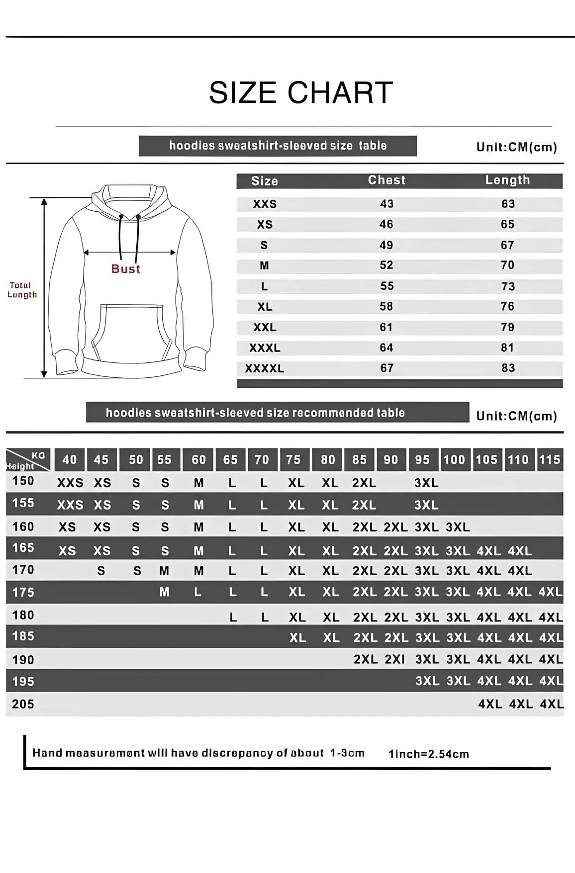 Ariana Grande merch hoodie size chart with measurements and sizing details.