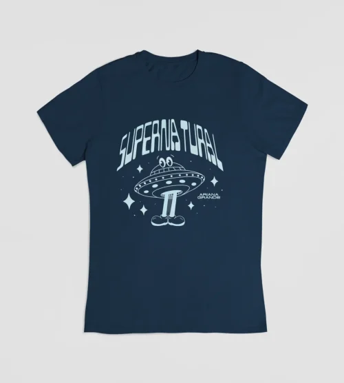 Ariana grande merch t-shirt with spaceship and "Supernatural" text in a cartoon style.