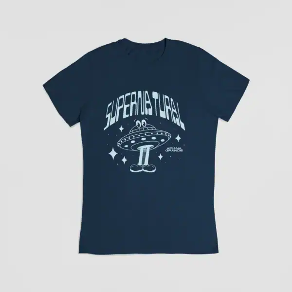 Ariana grande merch t-shirt with spaceship and "Supernatural" text in a cartoon style.