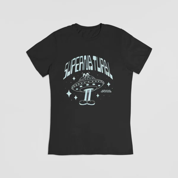 Alien UFO graphic t-shirt with Ariana Grande logo and space-themed design, perfect for Ariana Grande merch fans.