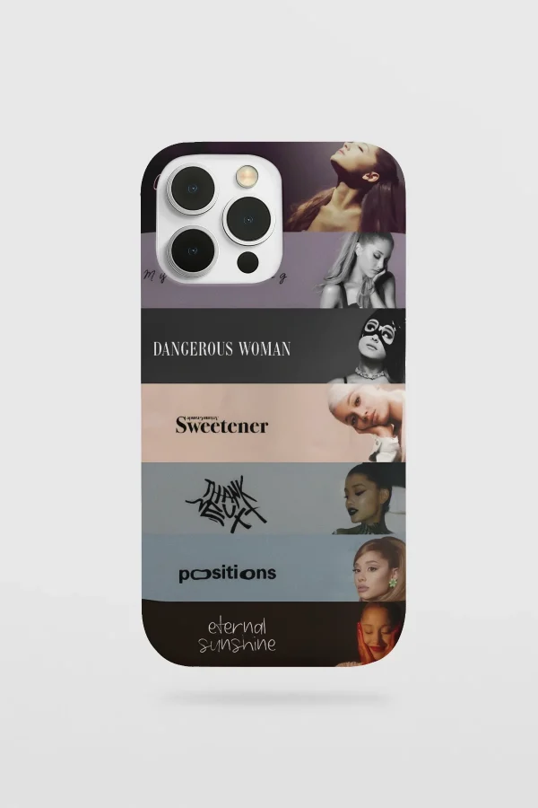 Ariana Grande merch phone case featuring images of the singer with various designs and text elements.