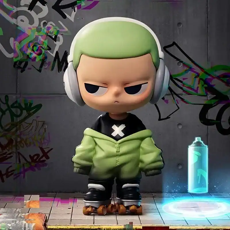 Ariana Grande merch pop art style figure with headphones and green hoodie.