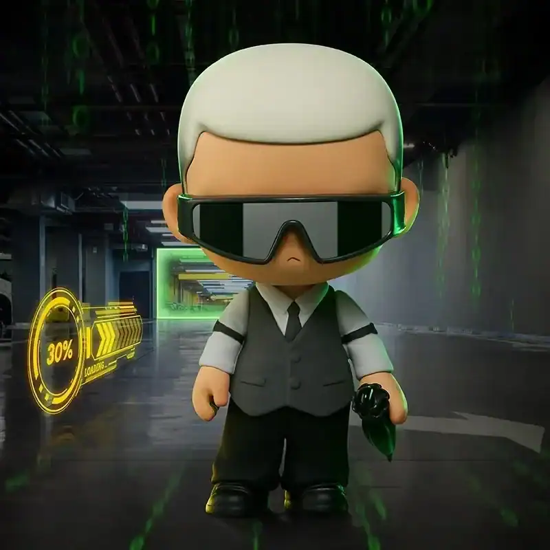 Funko pop of a character with silver hair wearing futuristic sunglasses in a cyberpunk setting.