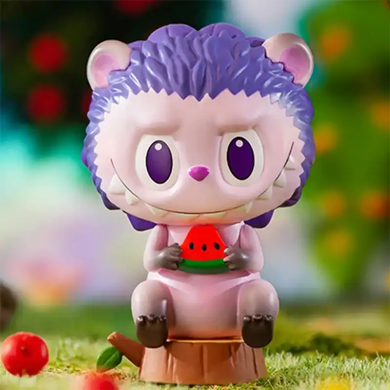A cute plush toy of a cartoon animal holding a watermelon slice, with a purple and pink color scheme and large eyes.