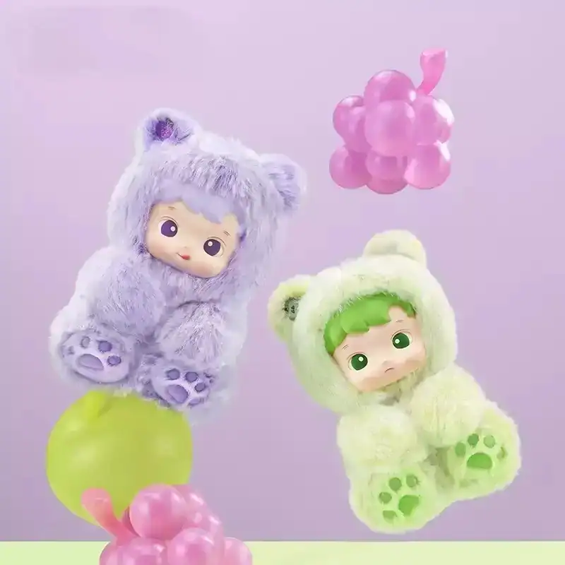 Cute plush toys resembling cartoon characters with bear costumes in pastel colors, perfect for Ariana Grande merch fans.
