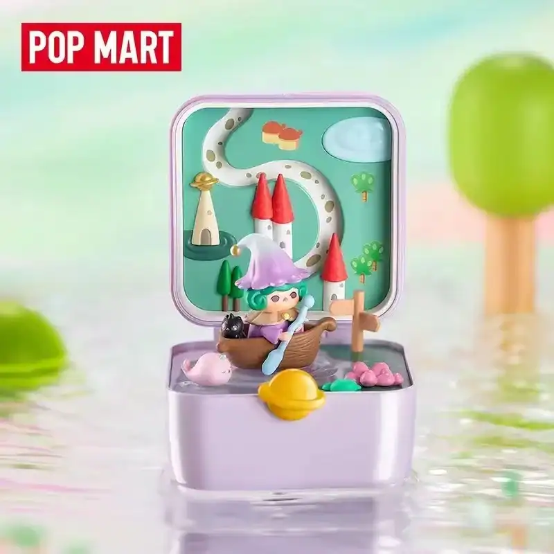 Colorful whimsical toy figurine set with castle, wizard girl, boat, and animal accessories on a pastel background.