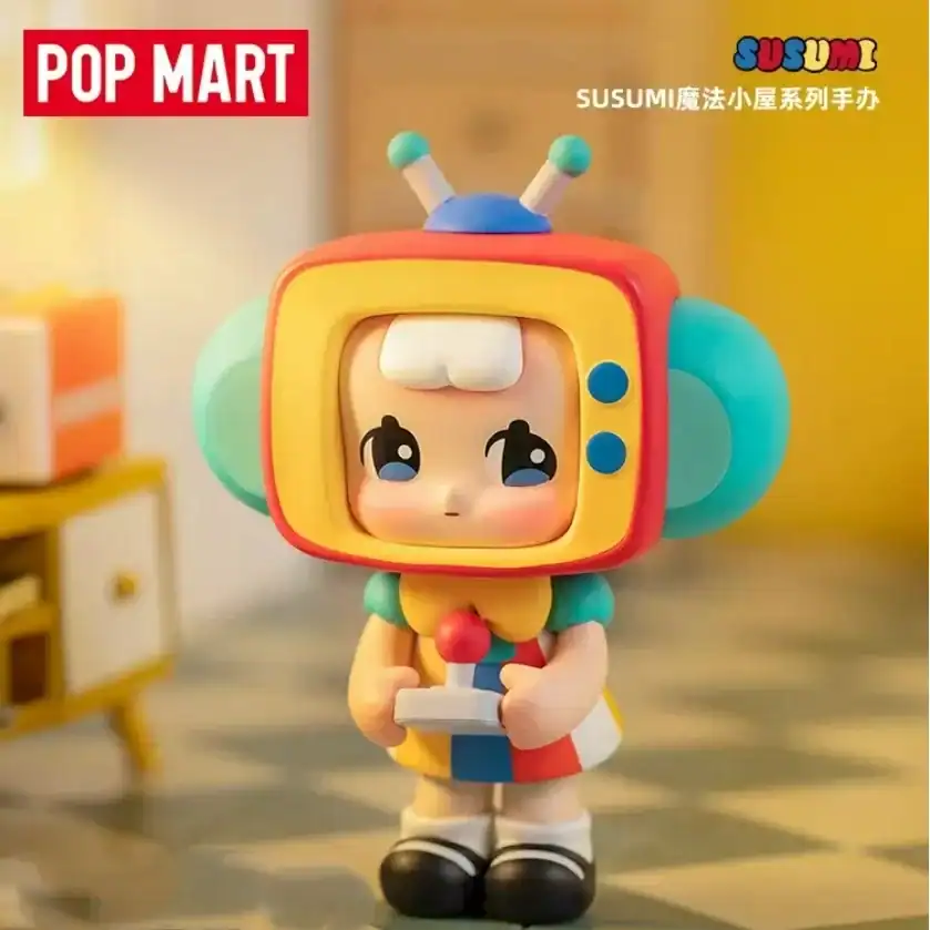 Pop Mart toy figure with a colorful, retro TV head and cute expression, holding a joystick.