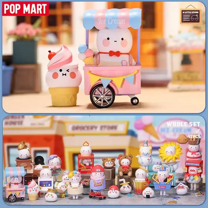Fruit ice cream plush toy with pink and blue canopy, kawaii style, adorable ice cream shop figure, cute dessert-themed collectible, dessert cart toy for kids, anime-inspired ice cream character.