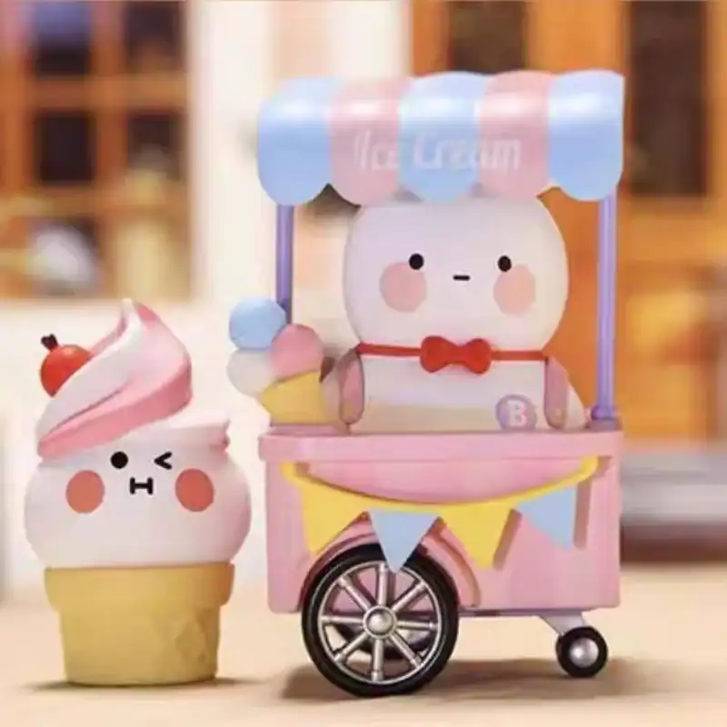 Pink ice cream cone with a cherry and kawaii face, cute toy with rounded features and blush cheeks, colorful ice cream cart with character, adorable dessert-themed toy figurine.