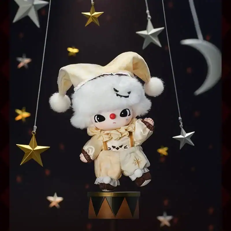 Adorable plush doll wearing a star-themed costume with a moon and star decorations in the background.