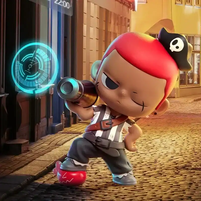 A cute chibi-style cartoon figure with red hair, eye patch, and pirate hat, holding a spyglass against a street background.