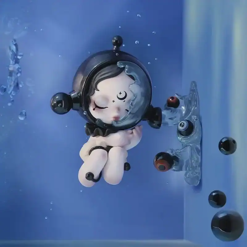 Cute cartoon doll submerged in water with headphones and moon face details.
