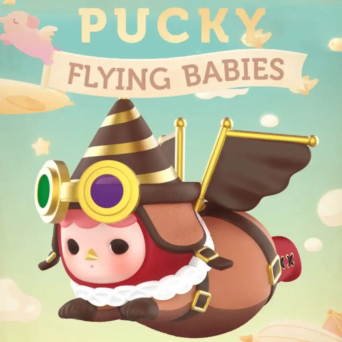 PUCKY flying babies plush toy with aviator accessories, cute character merchandise, collectible plush, kawaii design, limited edition Ariana Grande merch.