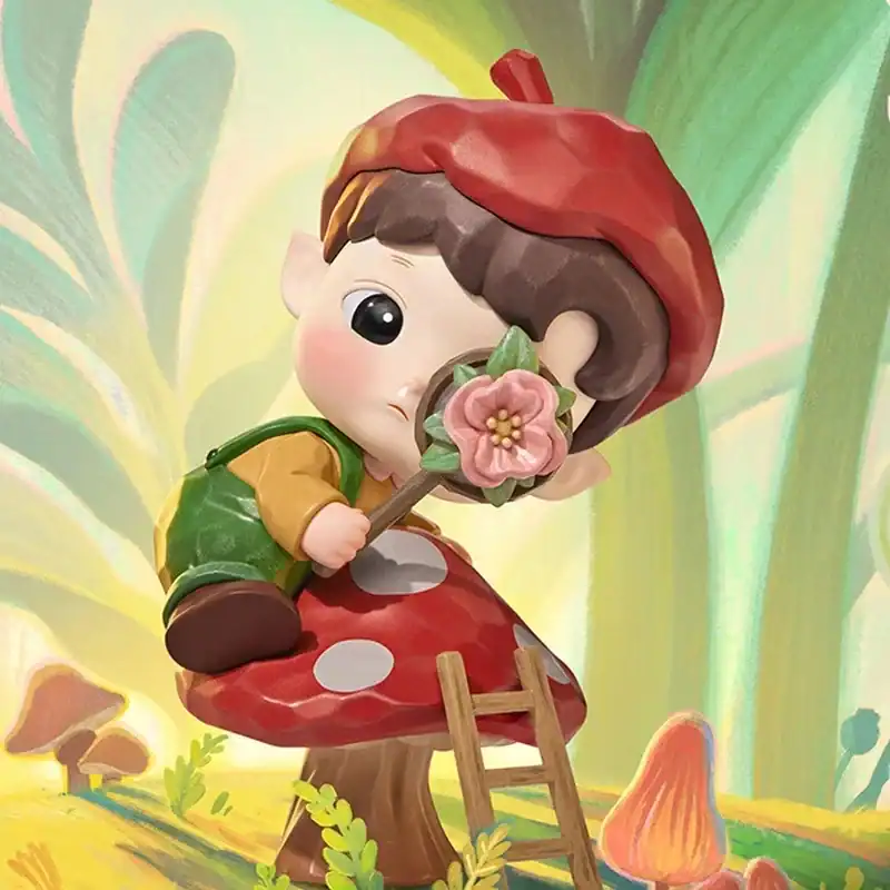 Figurine of a cartoon character with a red mushroom hat and a pink flower, holding a flower wand, standing on a red and white mushroom base with a green background.