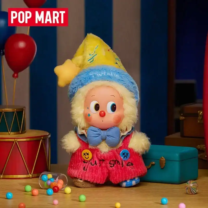 Pop mart cute plush doll with colorful jester hat and big bowtie, adorable collectible toy for kids and fans of pop culture merchandise, vibrant and playful design, perfect gift for her.