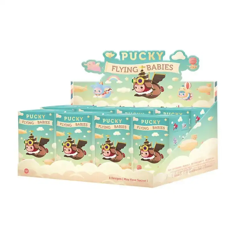 Pucky Flying Babies anime collectibles packaging featuring cute flying pig characters with wings and goggles.