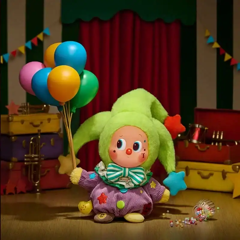 Adorable plush clown doll holding colorful balloons, circus theme, cute toy, entertainment decor, soft fabric, playful party accessory.