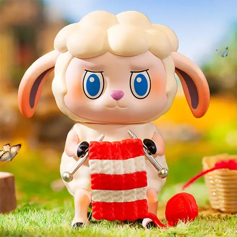 Adorable plush sheep character holding knitting needles with red and white yarn, outdoor background, cute and whimsical design, ideal for kids and collectors.