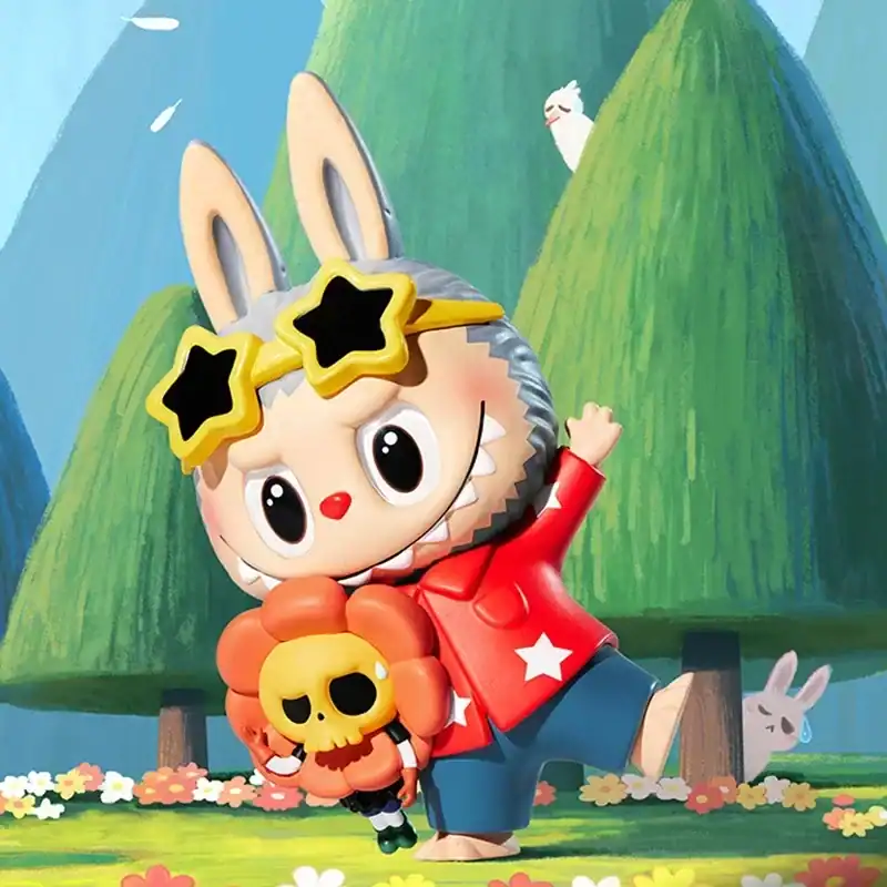 Adriana grande merchandise, colorful cartoon bunny character holding a skull toy with a vibrant outdoor background.