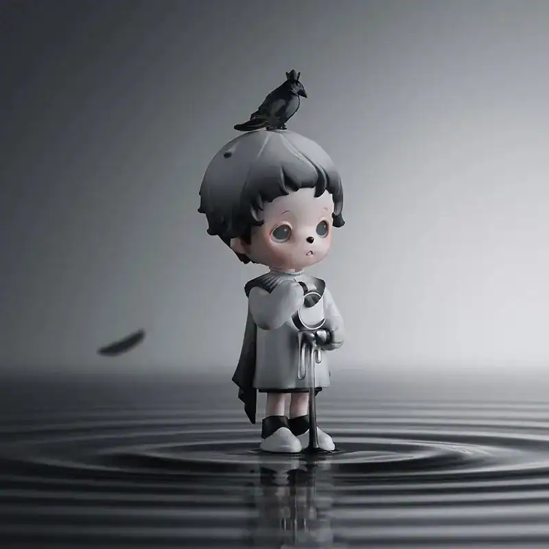 Ariana Grande merch, Cute cartoon character figure with bird on head, monochrome style, merchandise promotional image, collectible item for Ariana Grande fans, relevant for fan merchandise pages.