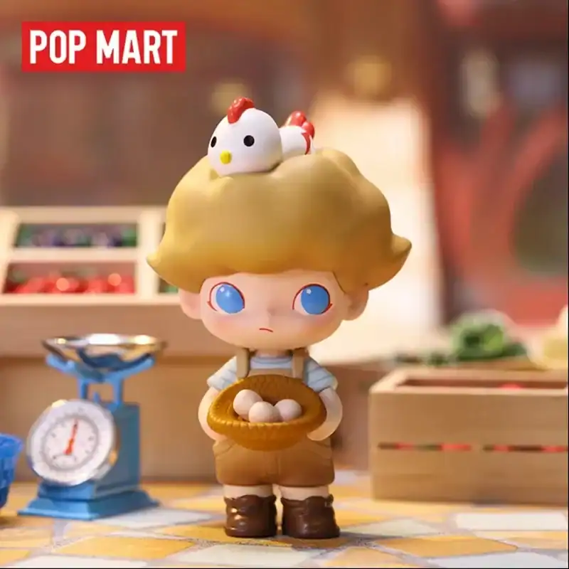 Cute vinyl figurine with large blue eyes, holding a basket of eggs, with a small chicken on top, set in a colorful store.