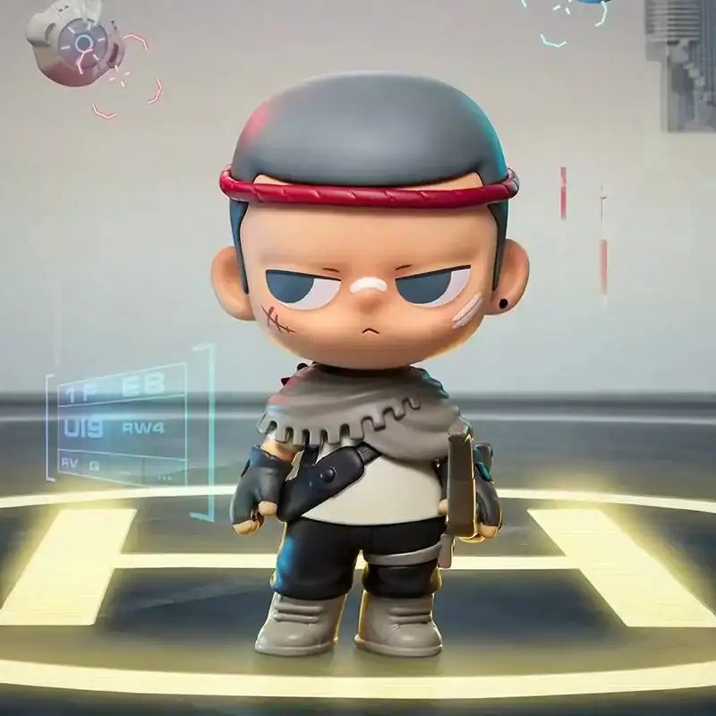 Miniature version of a character with a cyberpunk aesthetic, wearing a headband and holding a gun, set against a futuristic background.