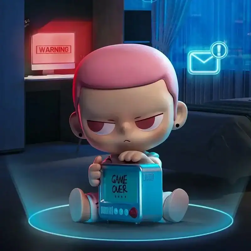 Cute animated character with pink hair holding a game console in a futuristic setting, neon blue and red lighting, digital warning signs and email notification icon in background.