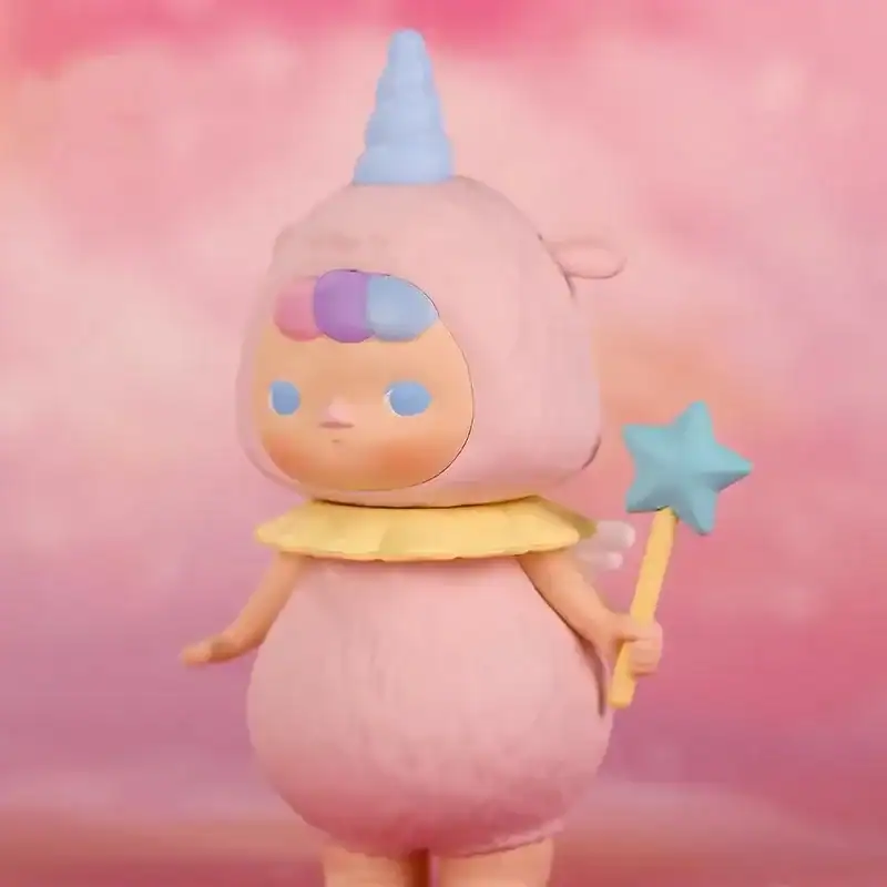 Cute plush unicorn character with pastel colors and a magic wand against a pink sky background.