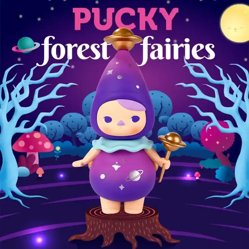 Colorful Pucky Forest Fairies plush toy in purple with star and planet designs, holding a magic wand, in a whimsical forest scene.